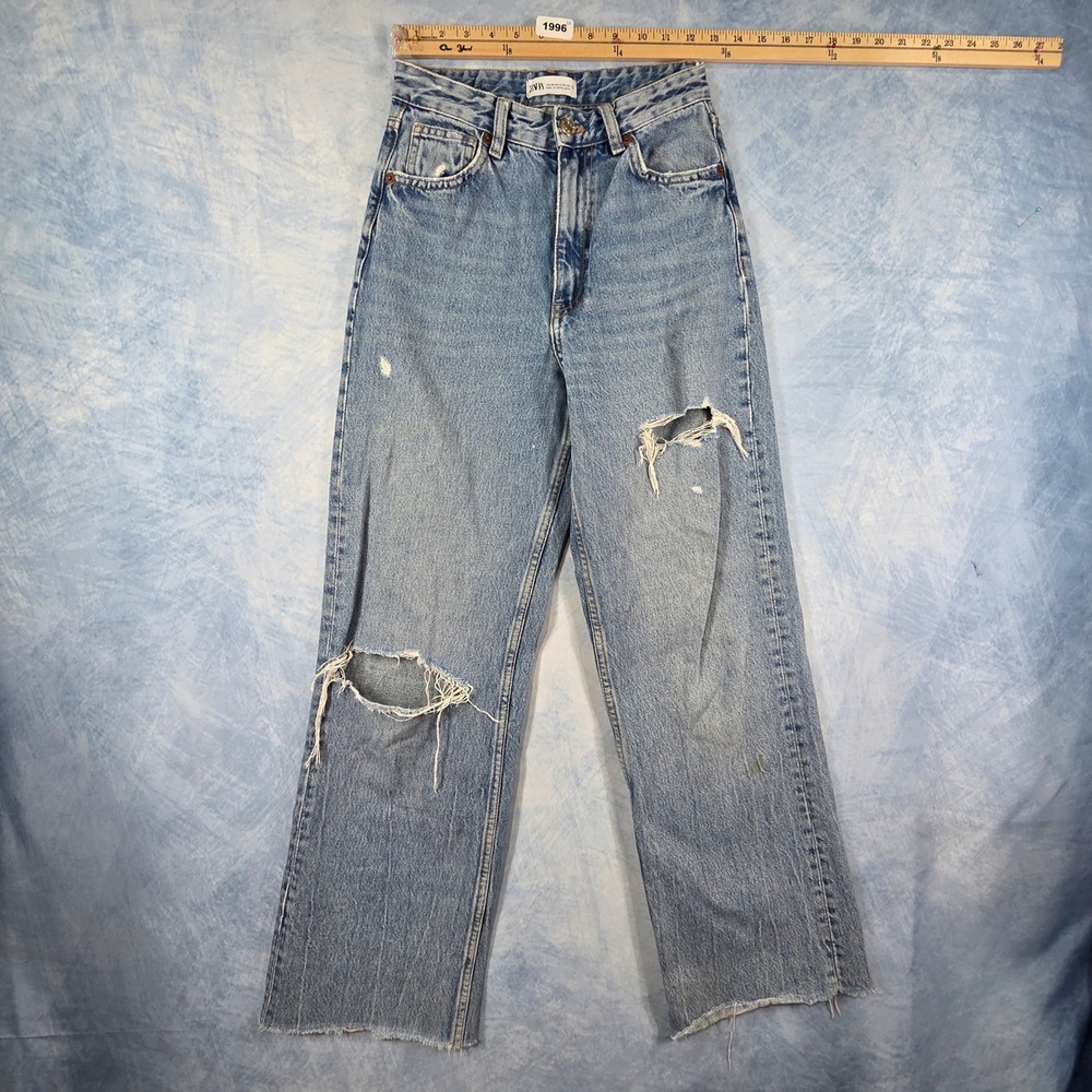 Zara Womens High Waisted Wide Leg Distressed Jeans Light Wash Blue‎ Size 2 26
